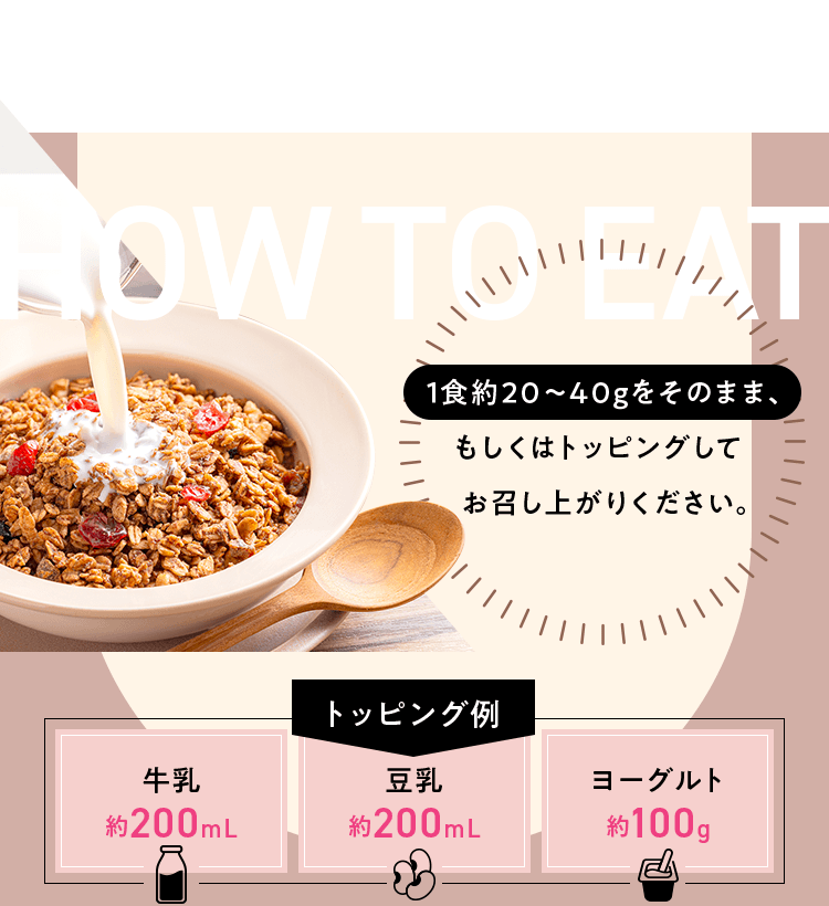 1食約40gをそのまま、もしくはお好みでトッピングしてお召し上がりください。